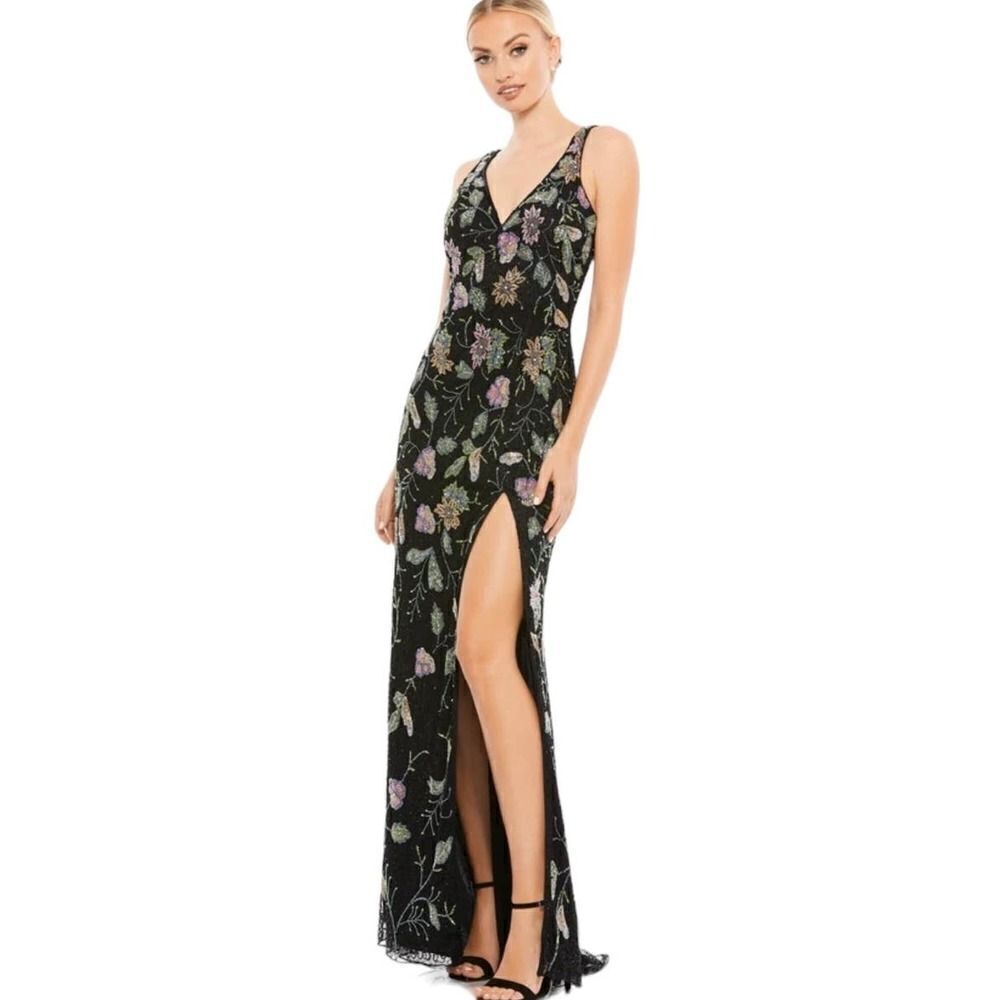 MacDuggal Black Multi Floral Beaded Formal Gown Dress 6 5313 New